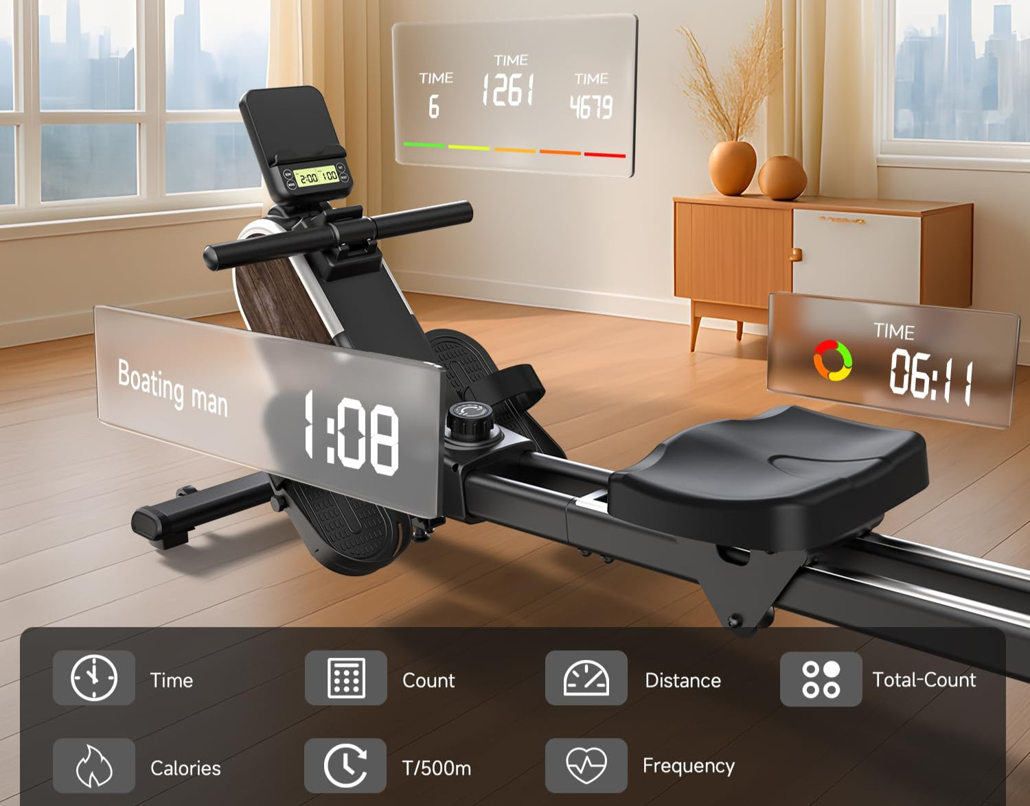CHAOKE Rudergerät für Zuhause, Magnetisches Rudergerät, App-Kompatibel, Rowing Machine mit 16 Widerstandsstufen und Dual-Slide-Rail, Leicht zu Montieren, Belastbar bis 160KG