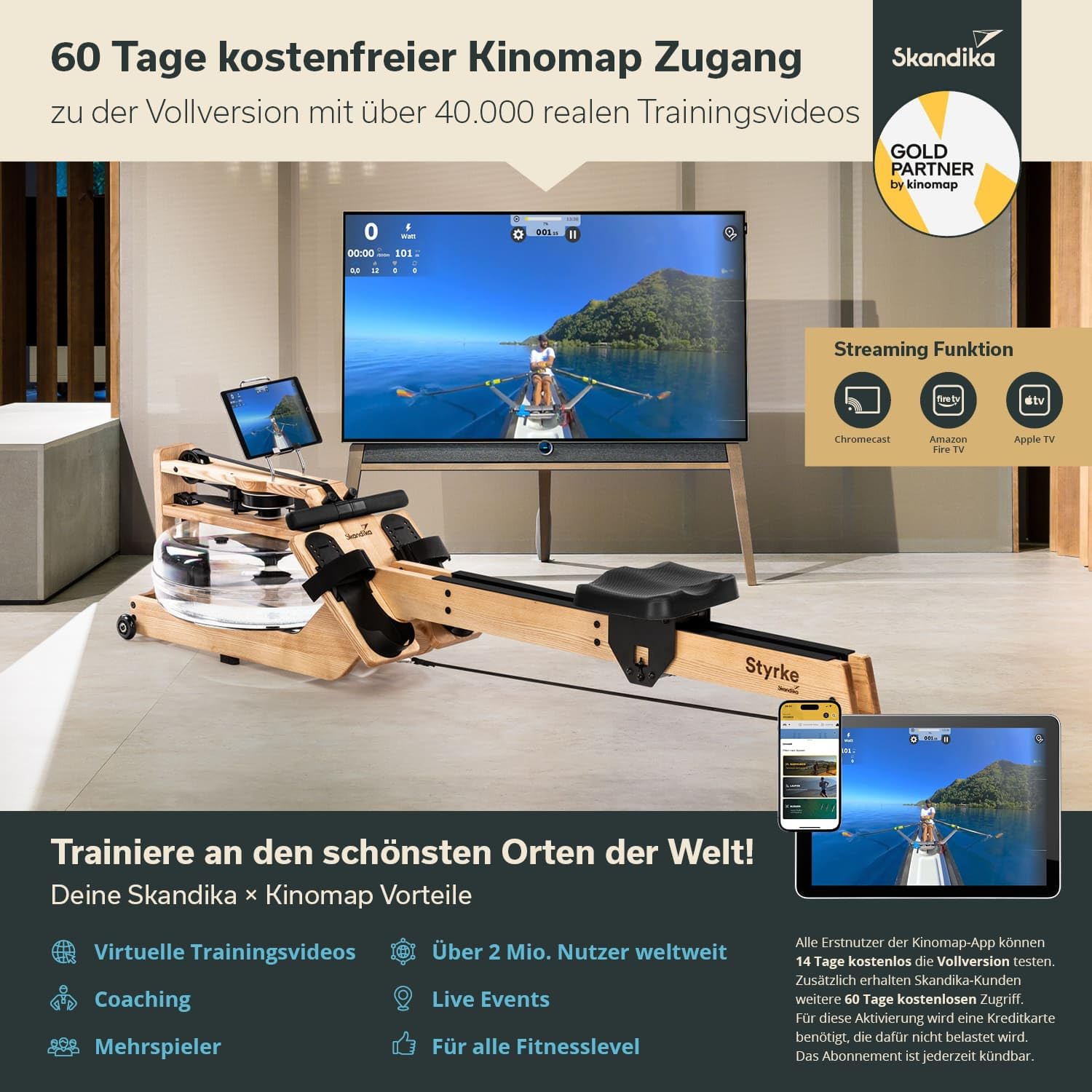 Skandika Wasserrudergerät Styrke Premium | Made in Germany, Rudergerät Wasser aus Holz, Kinomap App-Funktion, Rudermaschine für Zuhause, Massive Esche aus Deutschland, naturnahes Rudern, bis 180 kg